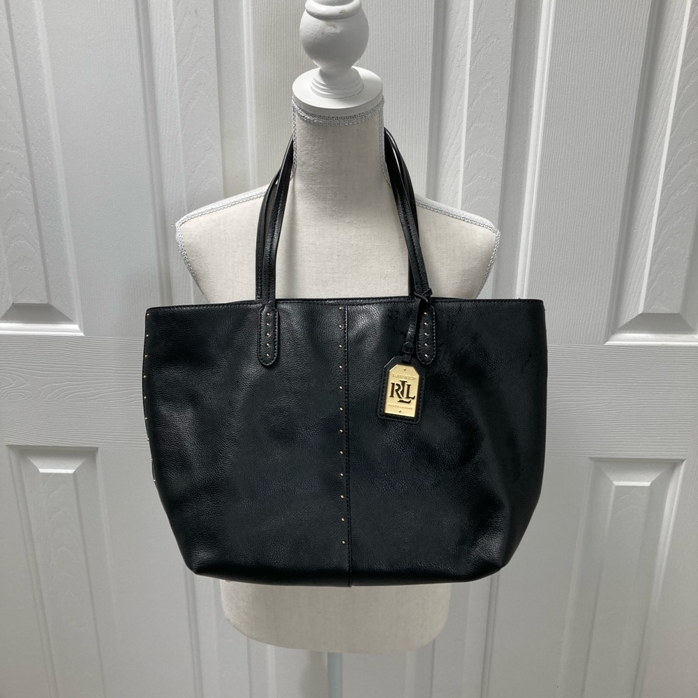 Ralph Lauren Large Black Leather with Studs Zippered Tote Bag NWOT